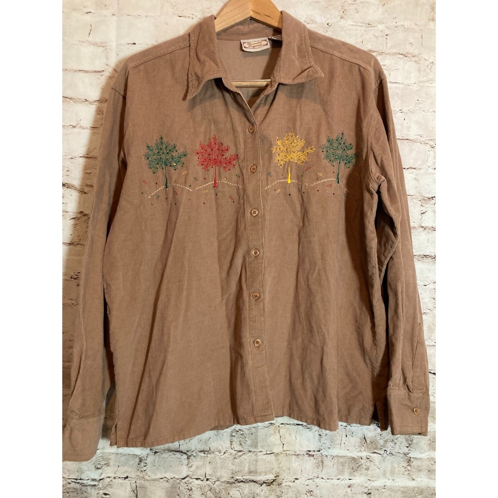 Vintage Decorated Originals Top Womens Large Corduroy Autumn‎ Tree Embroidered